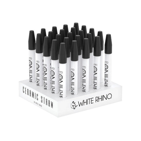 White Rhino Ceramic Dab Straws with Silicone Caps displayed in a 25pc set, angled view on white background