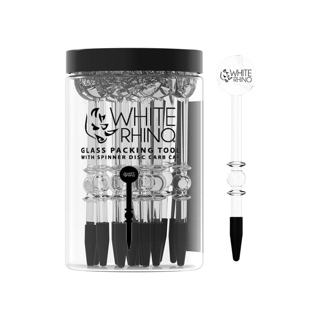 White Rhino Glass Dab Tool with Disc Carb Cap, 6-inch, 15pc Jar, Black and Clear