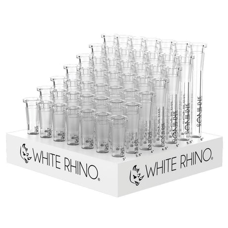 White Rhino Glass Downstems display with 49 clear borosilicate pieces in assorted sizes for bongs
