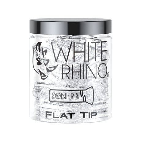 White Rhino Glass Tips display jar with 100 clear 9mm flat tips for rolling, front view on white background