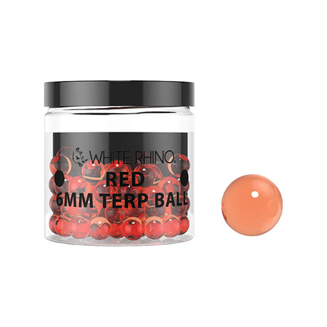White Rhino Red 6mm Terp Balls in a 50pc Jar, ideal for dab rigs, front view on white background