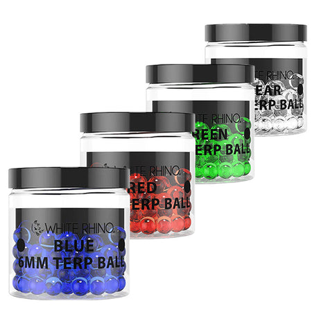 Assorted White Rhino Terp Balls in 50pc jars, 6mm, for dab rigs, in red, green, blue, and clear variants