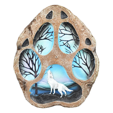White Wolf Landscape Paw Print Incense Burner, 5"x6", Polyresin with Artistic Design, Front View
