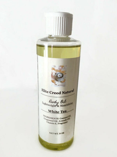 Elite Creed Natural White Tea Scented Body Oil, CBD-infused, front view on white background