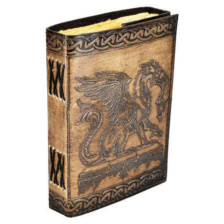 Embossed Leather Journal with Dragon Design and Lantern, Black, 5"x7" - Front View
