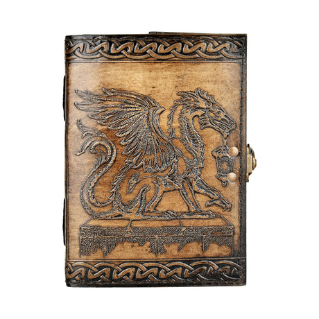 Embossed Leather Journal with Dragon and Lantern Design, 5"x7" Front View