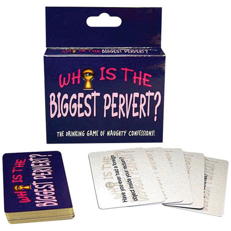 Who Is The Biggest Pervert adult party game, displayed with box and cards