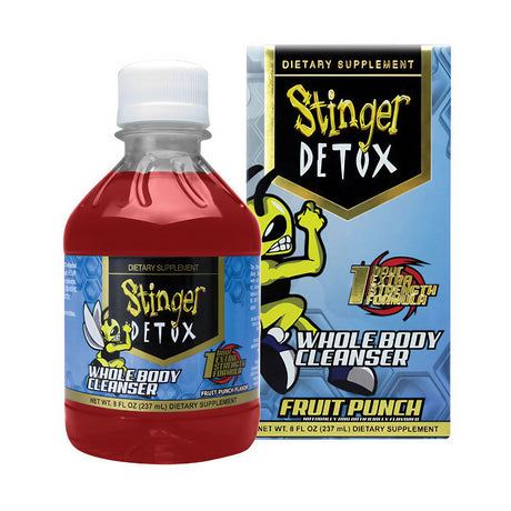 Stinger Detox Whole Body Cleanser in Fruit Punch flavor, 8 oz bottle beside box