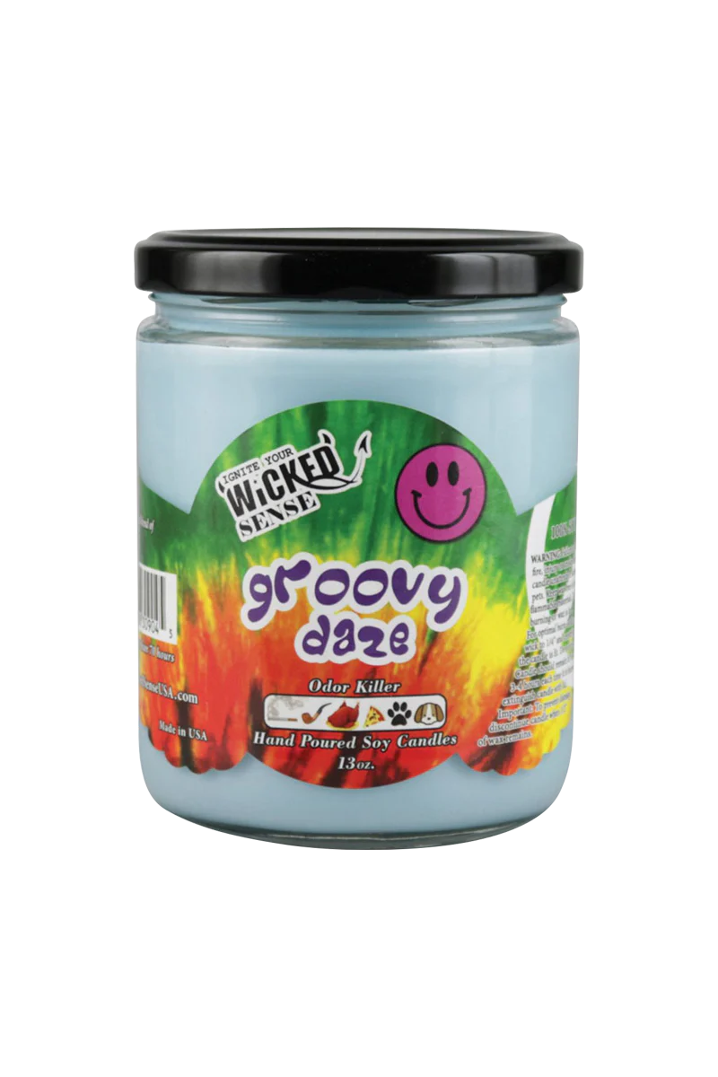 Wicked Sense Groovy Daze Soy Candle, 13 oz, with vibrant flame design and odor-killing feature, made in USA.