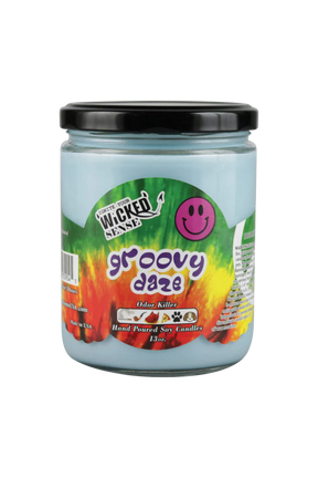Wicked Sense Groovy Daze Soy Candle, 13 oz, with vibrant flame design and odor-killing feature, made in USA.