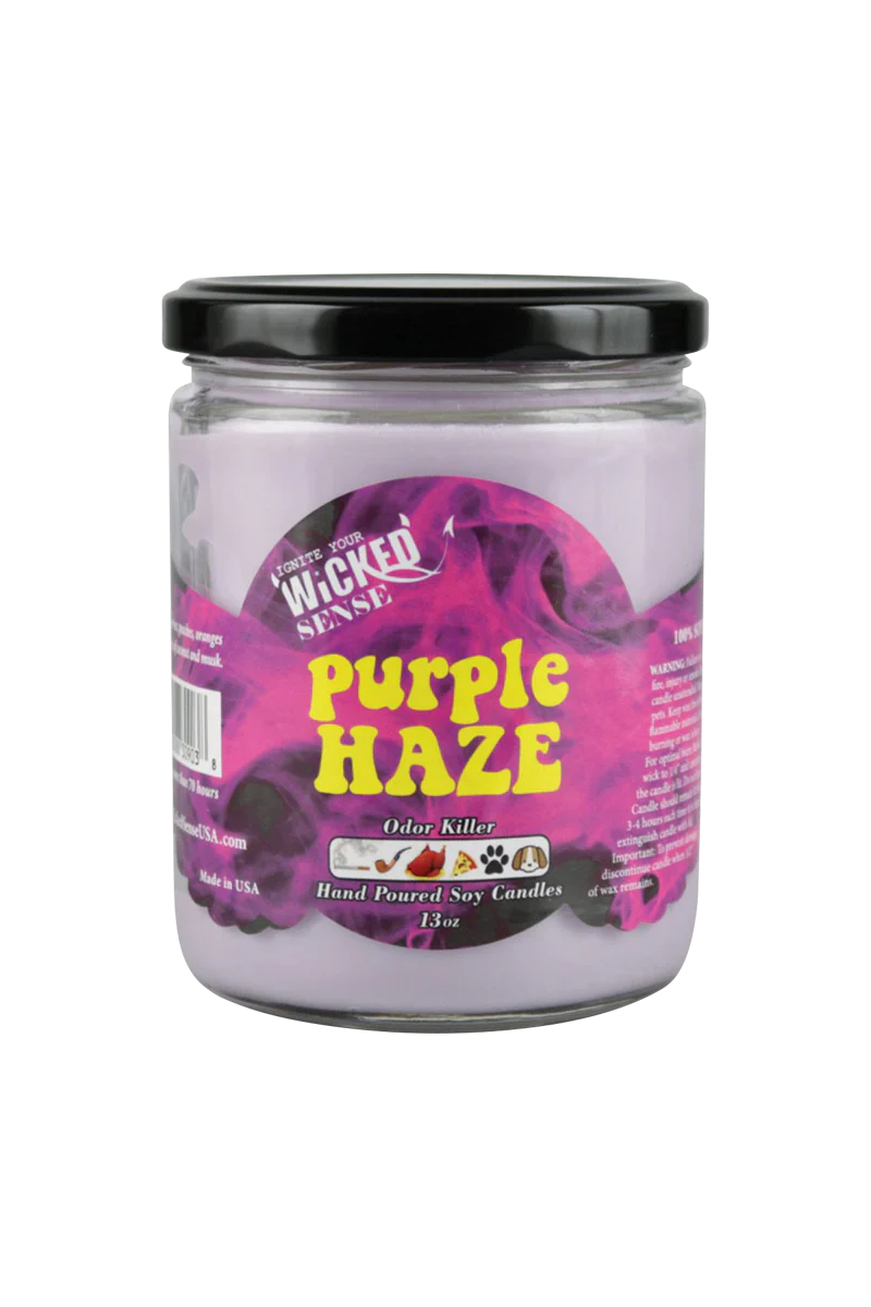 Wicked Sense Purple Haze Soy Candle, 13 oz, front view on white background, made in USA
