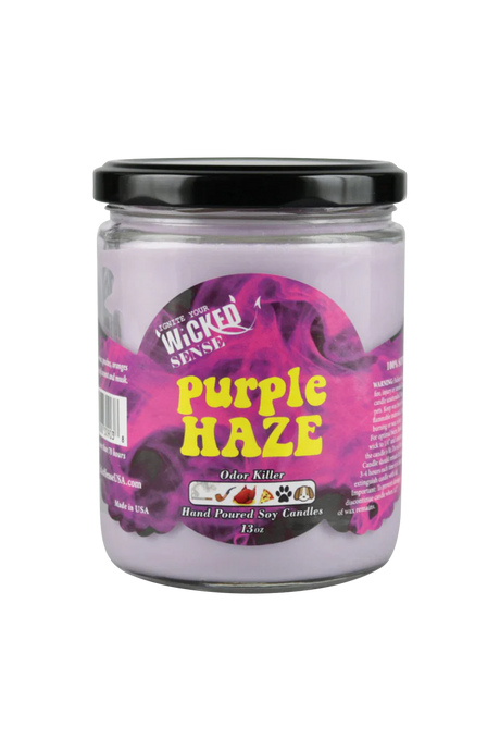 Wicked Sense Purple Haze Soy Candle, 13 oz, front view on white background, made in USA