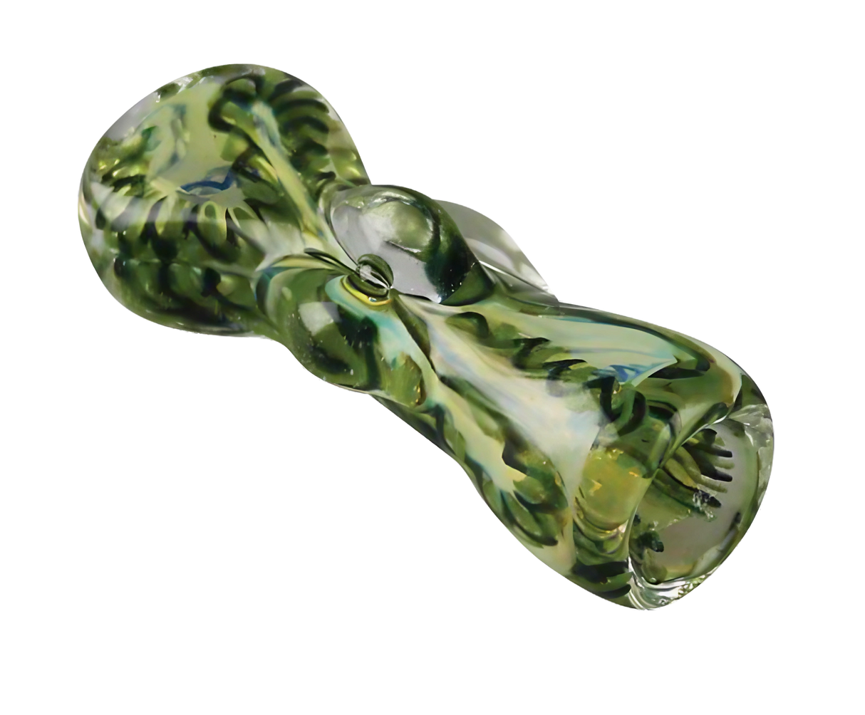 Green rope swirl pattern glass chillum taster, 2.5" borosilicate, angled view on white