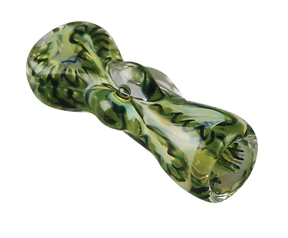 Green rope swirl pattern glass chillum taster, 2.5" borosilicate, angled view on white