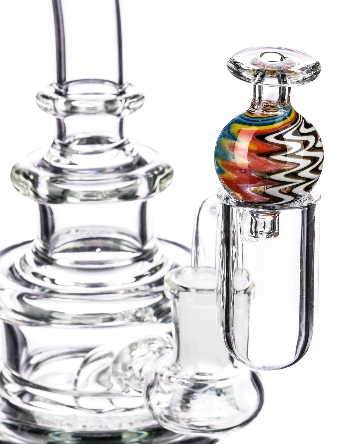 Wig Wag Bubble Carb Cap in black, blue, white swirls, for concentrates, borosilicate glass, 2.5" tall