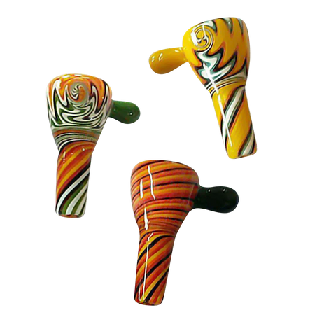 Assorted Wig Wag Worked Herb Bowl Slides in vibrant colors for bongs, top view on white background