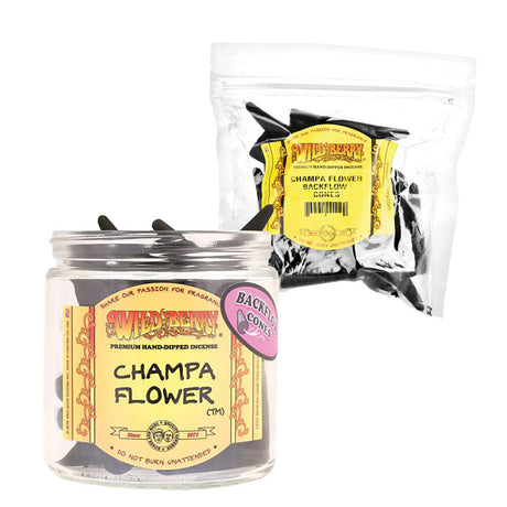 Wild Berry Champa Flower backflow cone incense kit with 50 pieces in a clear jar and resealable bag
