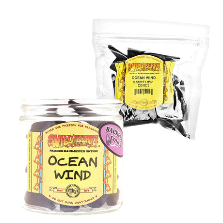 Wild Berry Ocean Wind Backflow Cone Incense Kit with 50 pieces, displayed in clear jar and resealable bag