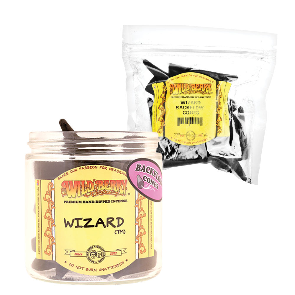 Wild Berry Wizard Backflow Incense Kit with 50 black cones in a glass jar and resealable pack