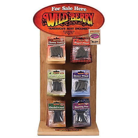 Wild Berry Backflow Incense Cones 72-piece display with assorted scents, front view on wooden stand