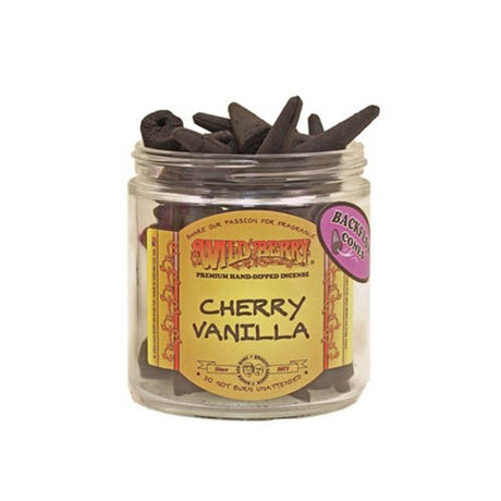 Wild Berry Cherry Vanilla Incense Backflow Cones in a clear jar, compact and aromatic