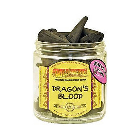 Wild Berry Dragon's Blood Incense Backflow Cones in a clear jar, front view, bag of 25 for home decor