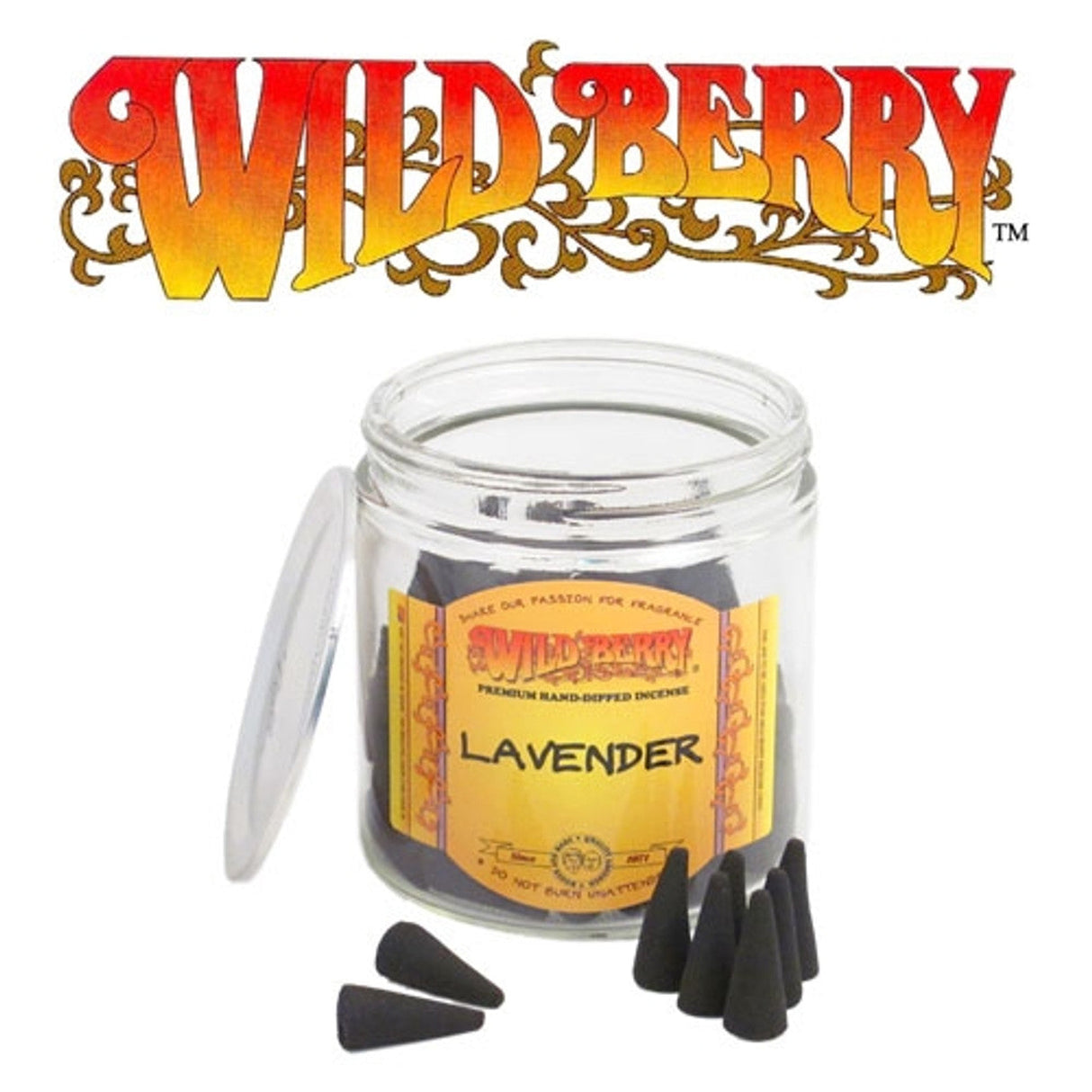 Wild Berry Lavender Incense Cones in a clear jar, with lid open and several cones outside, white background