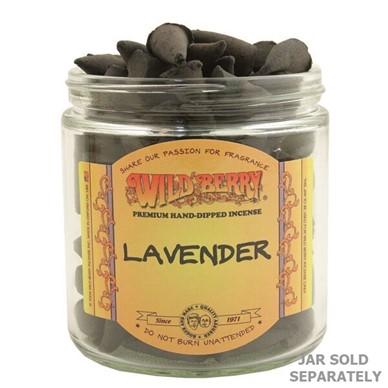 Front view of Wild Berry Lavender Incense Cones in a clear jar, compact and perfect for home decor.