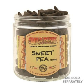 Wild Berry Sweet Pea Incense Cones in a clear jar, front view, 100-pack for home fragrance