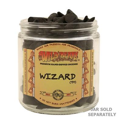 Wild Berry Wizard Incense Cones in clear jar, bag of 100, front view on white background