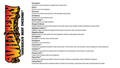 Wild Berry Prepackaged Incense 15-Pack Display with Various Scents Listed