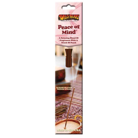 Wild Berry Peace of Mind Incense, pack of 15 brown sticks with a peach fragrance, front packaging view