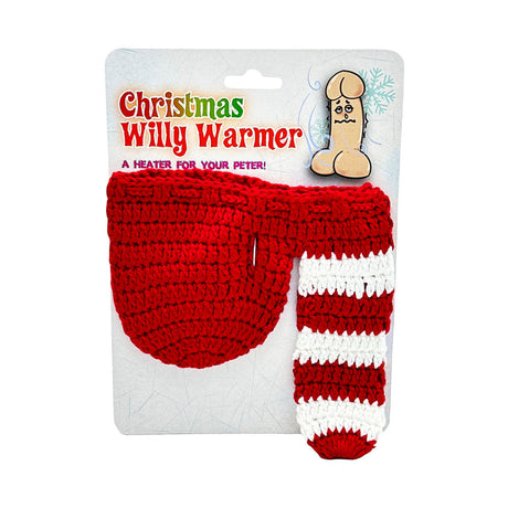 Christmas-themed knitted penis sock in red and white stripes, novelty gift packaging