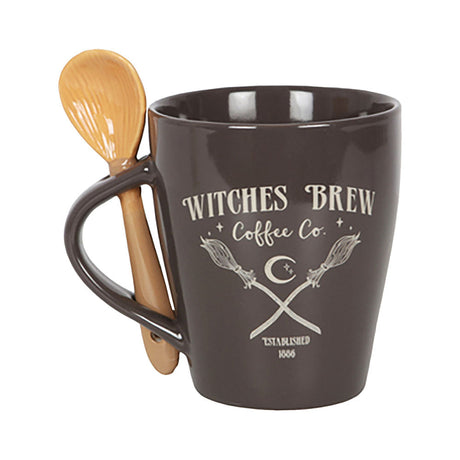 Witch's Brew Coffee Co black ceramic mug with spoon, 10oz, fun novelty design, side view