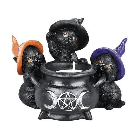 Witchy Cat Trio around a Cauldron Tealight Holder, Polyresin Home Decor, Front View