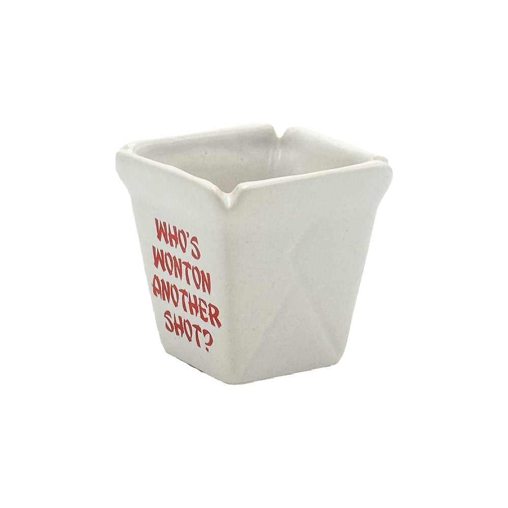 Ceramic Wonton Take Out Shot Glass with Humorous Text, 2oz - Front View