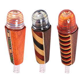 Three Wood & Glass Mini Torpedo Hybrid Pipes, 3.5" length, for dry herbs, angled view