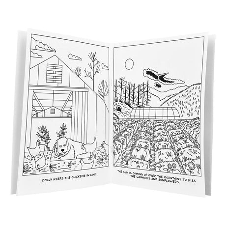 Wood Rocket Hemp Farm Adult Coloring Book open to farm scenes, 8.5" x 11", perfect for relaxation