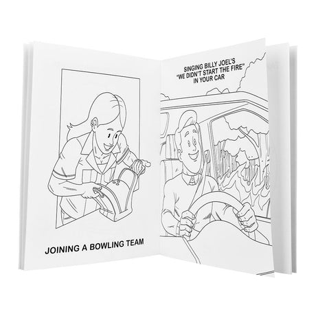 Wood Rocket Adult Coloring Book open to a humorous 'Joining a Bowling Team' page, black and white, 8.5" x 11"