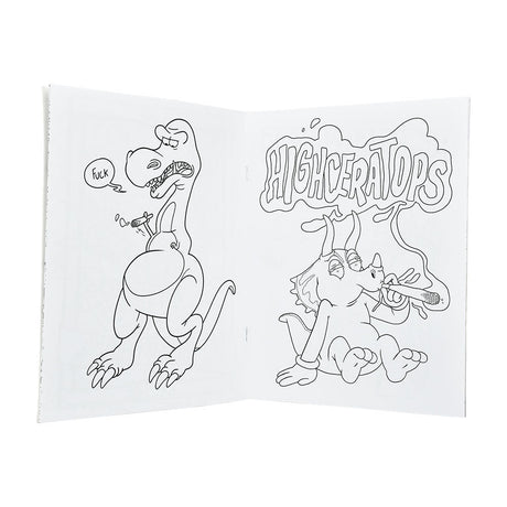 Wood Rocket High AF 2 Adult Coloring Book open to a page with cartoon dinosaurs, 8.5"x11" size