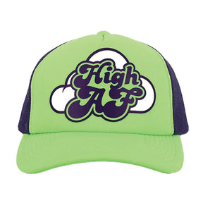 Wood Rocket High AF Snapback Hat in black and green with fun novelty design, front view on white background