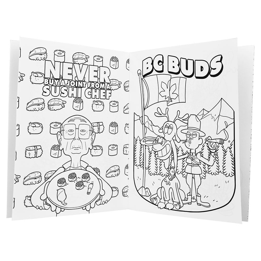 Wood Rocket 4:20 Adult Coloring Book open to coloring pages with humorous illustrations