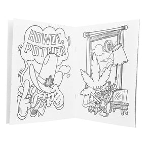 Wood Rocket 4:20 Adult Coloring Book open to a whimsical cannabis-themed page, portable 8.5" x 11" size
