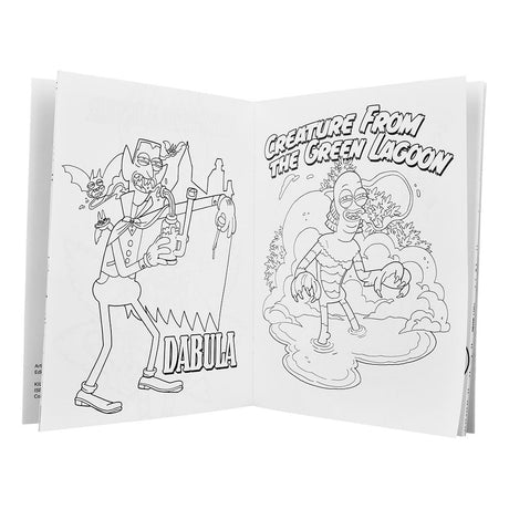 Wood Rocket Killer Buds Adult Coloring Book open to themed pages, portable 8.5"x11" size