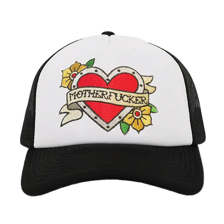 Wood Rocket black and white snapback hat with tattoo heart design front view
