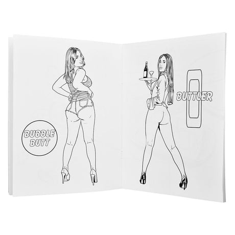 Wood Rocket Sexy Butts Coloring Book open to show two pages of playful adult illustrations.
