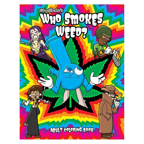 Wood Rocket Who Smokes Weed Adult Coloring Book front view with vibrant novelty design