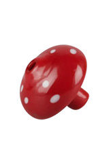 Red and white worked mushroom-shaped borosilicate glass carb cap for dab rigs, top view