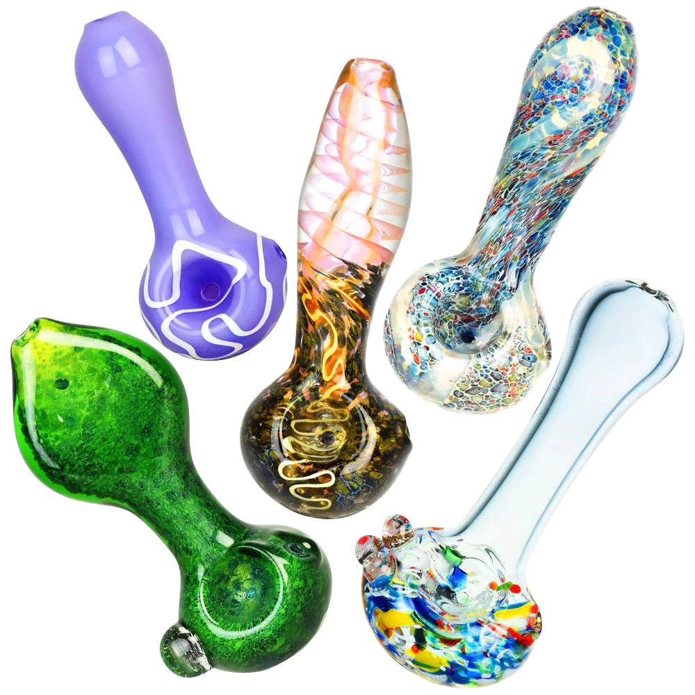 Assorted Borosilicate Glass Spoon Pipes, Worked Style, 3.5" Length, For Dry Herbs - 40 Pack