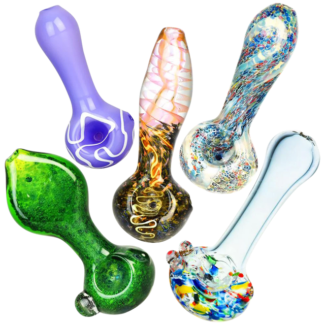 Assorted Borosilicate Glass Spoon Pipes, Worked Style, 3.5" Length, For Dry Herbs - 40 Pack